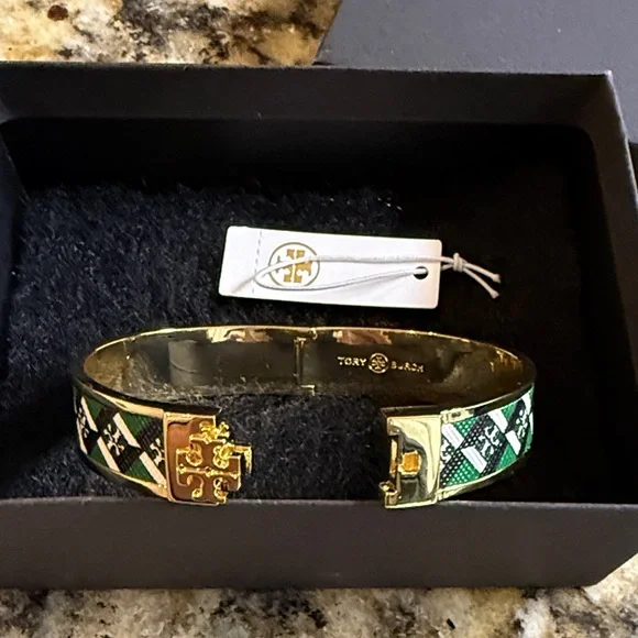 Tory Burch Gold and Green Geometric Bracelet - Picture 2 of 6